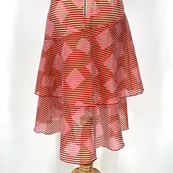 ALICE + OLIVIA Angelita Dress Women 4 Red Pink Sheer Stripe Ruffle Layered Party - Picture 7 of 16